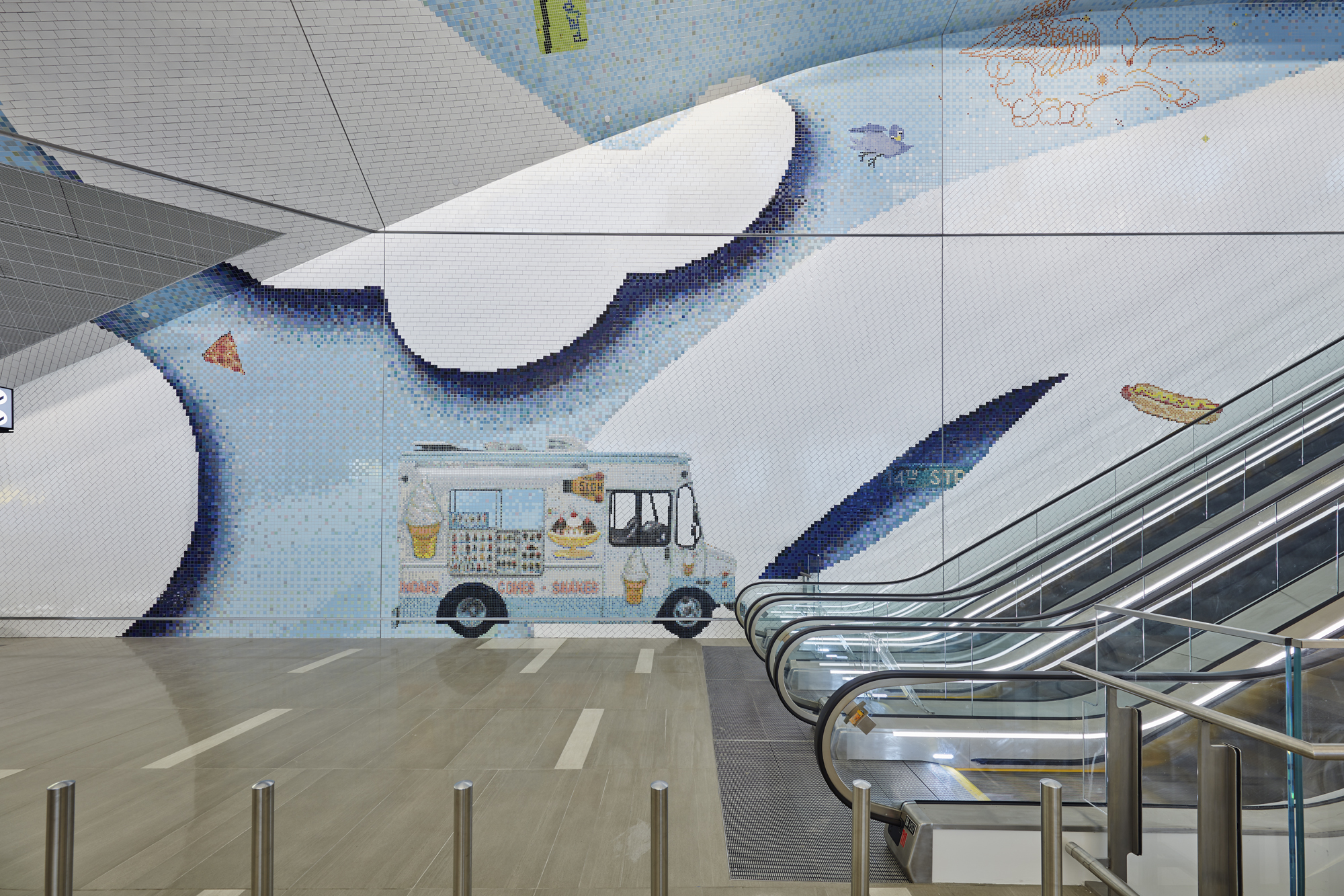 An expansive tiled mosaic featuring a light blue sky filled with illustrative clouds, an ice cream truck, and a floating pizza and hot dog.