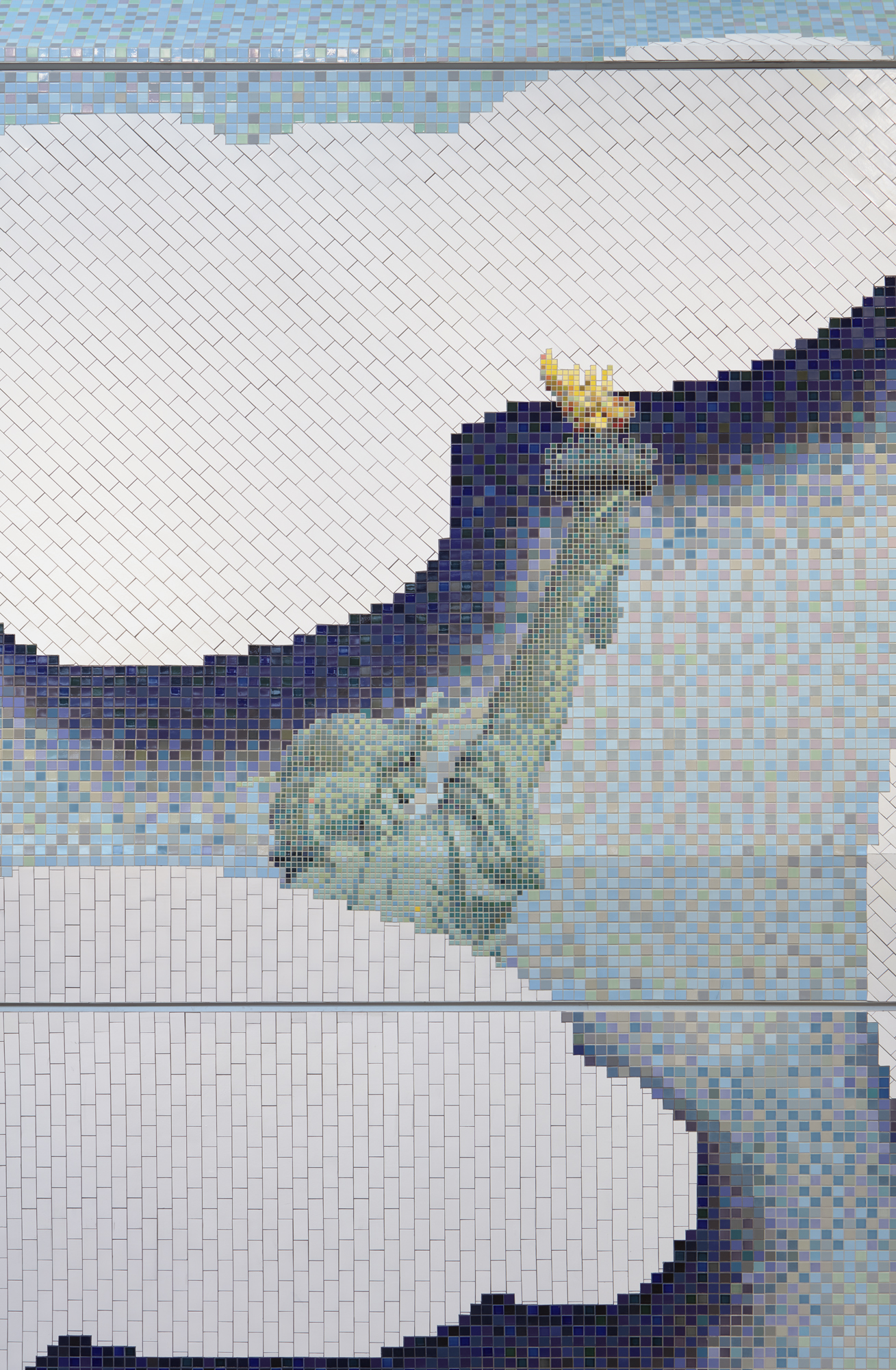 A tiled mosaic of the statue of liberty floating against a light blue background with the edge of a large cloud on the top left.