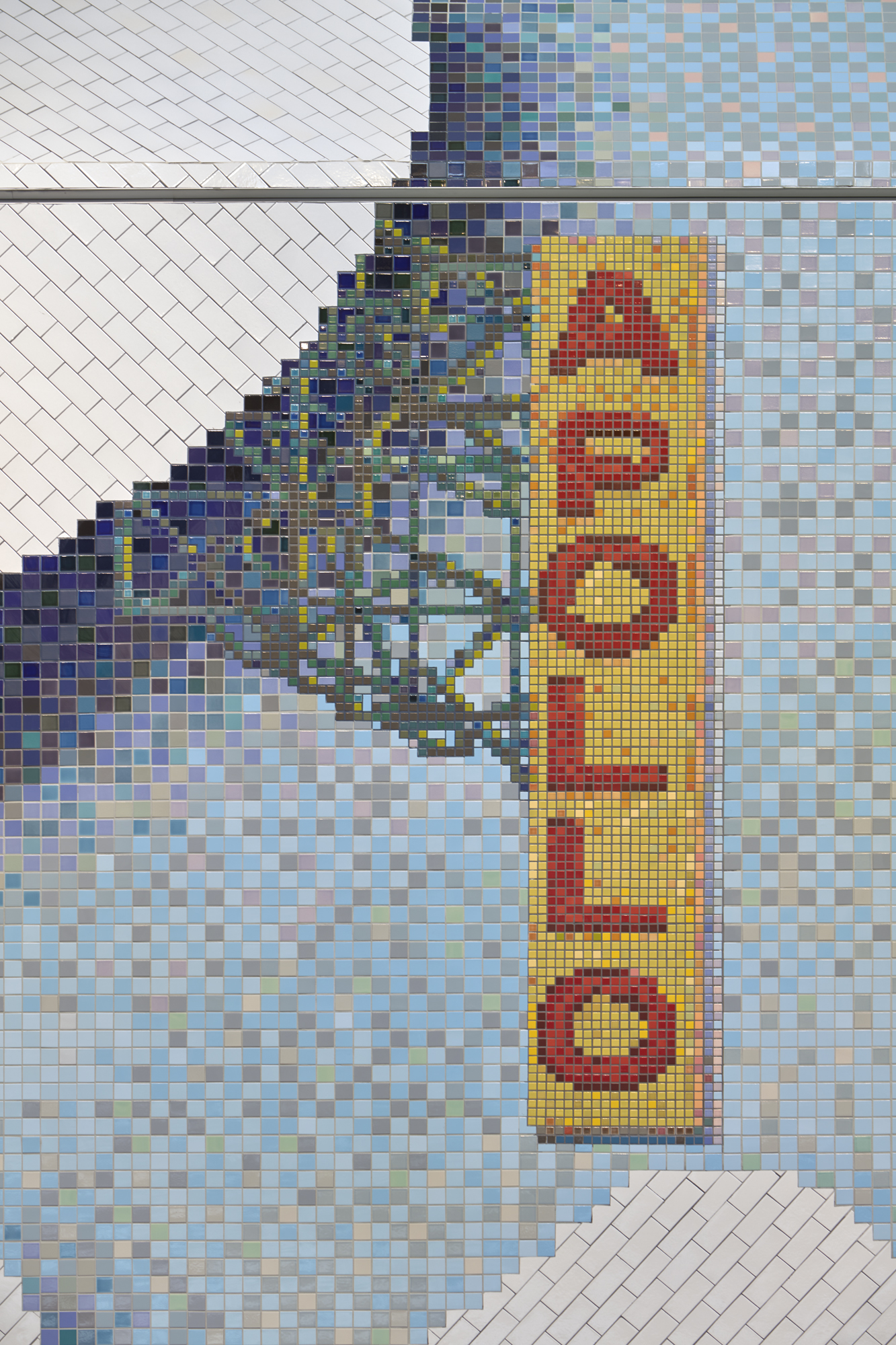 A tiled mosaic of the apollo theater sign floating against a light blue background with the edge of a large cloud on the top left.