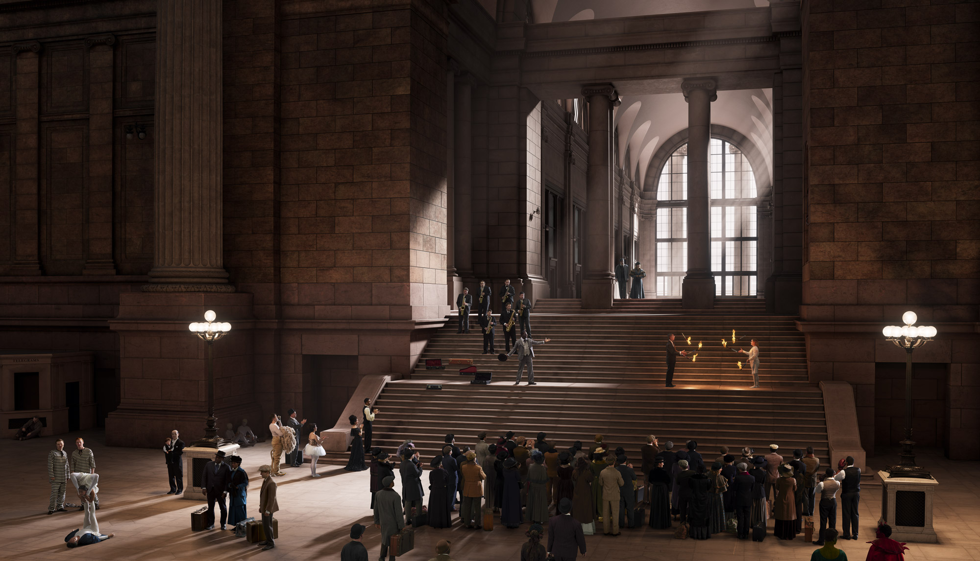 Photo depicting an impromptu vaudeville show in the waiting room of the historical Penn Station building.