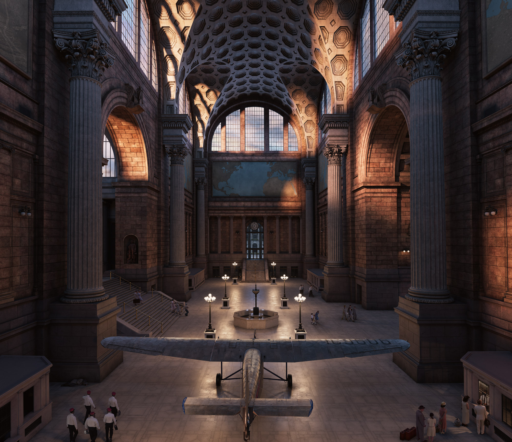 A trimotor airplane rests in the dimly lit, empty waiting room of a grand station. Sun pours into the waiting room as passengers begin to trickle into the space.