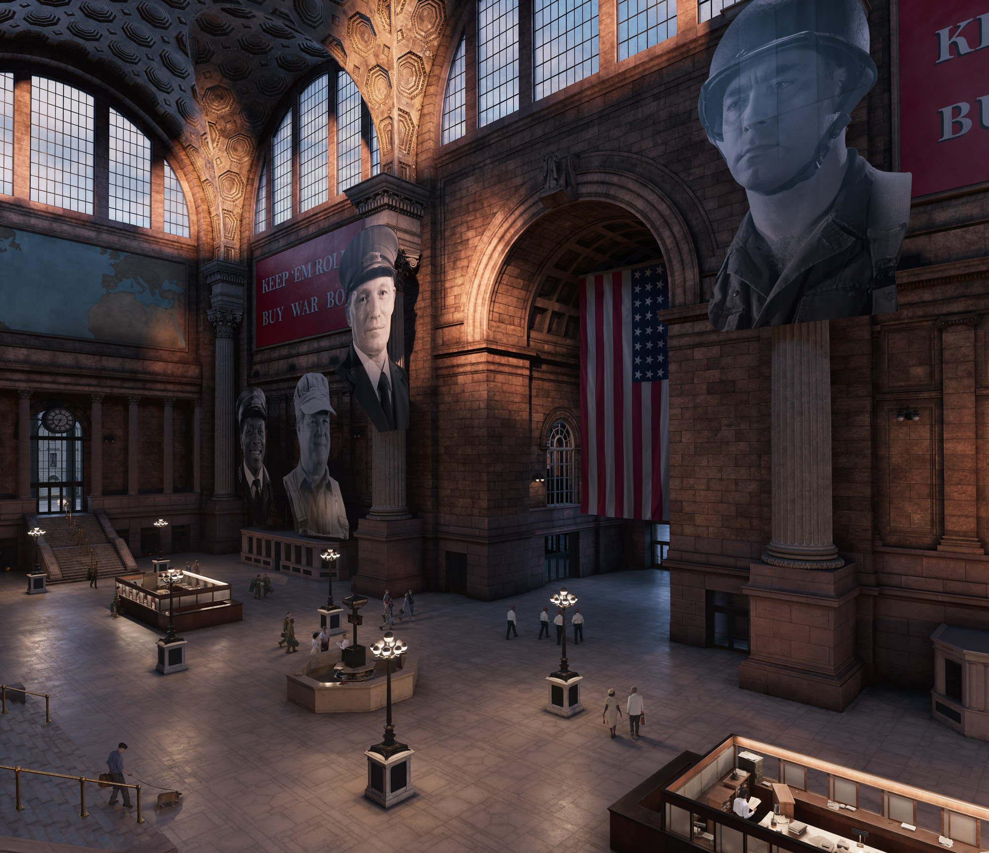 Six massive black and white photo murals within a grand train stationdepict railroad employees: a conductor, engineer, soldier, and many more.