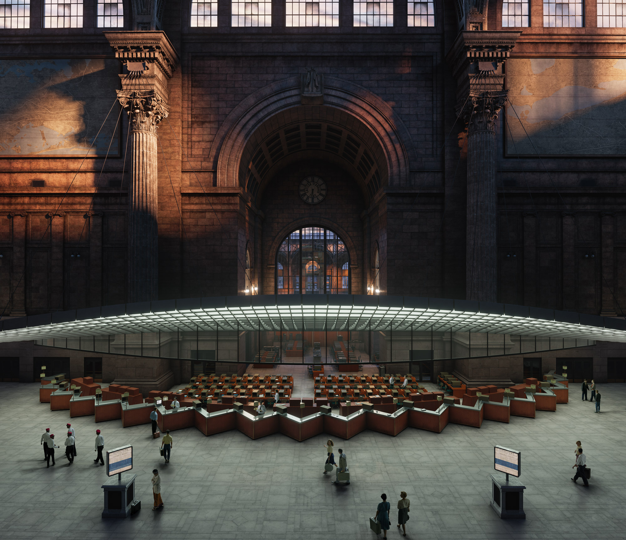 A depiction of a modern ticket and service bureau in a grand train station, with a glowing roof cover that resembles a clam shell.