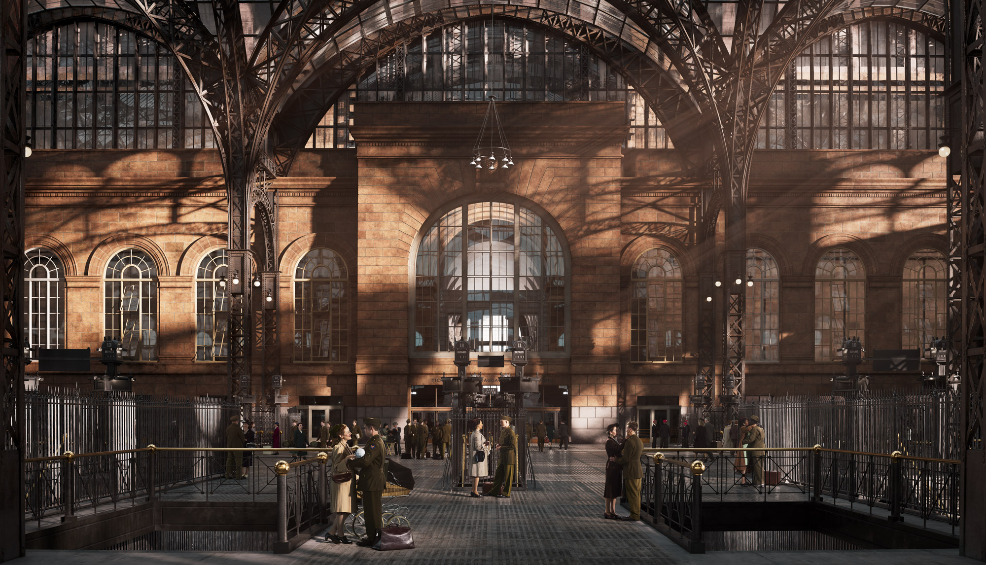 An image depicts final moments of affection as soldiers leaving for World War II bid farewell to loved ones in a grand train station.