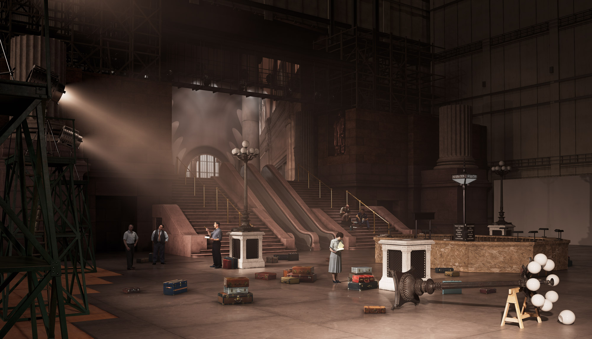 A vacant soundstage from a 1945 film set in a grand train hall populated only by technicians, props, and lighting instruments.