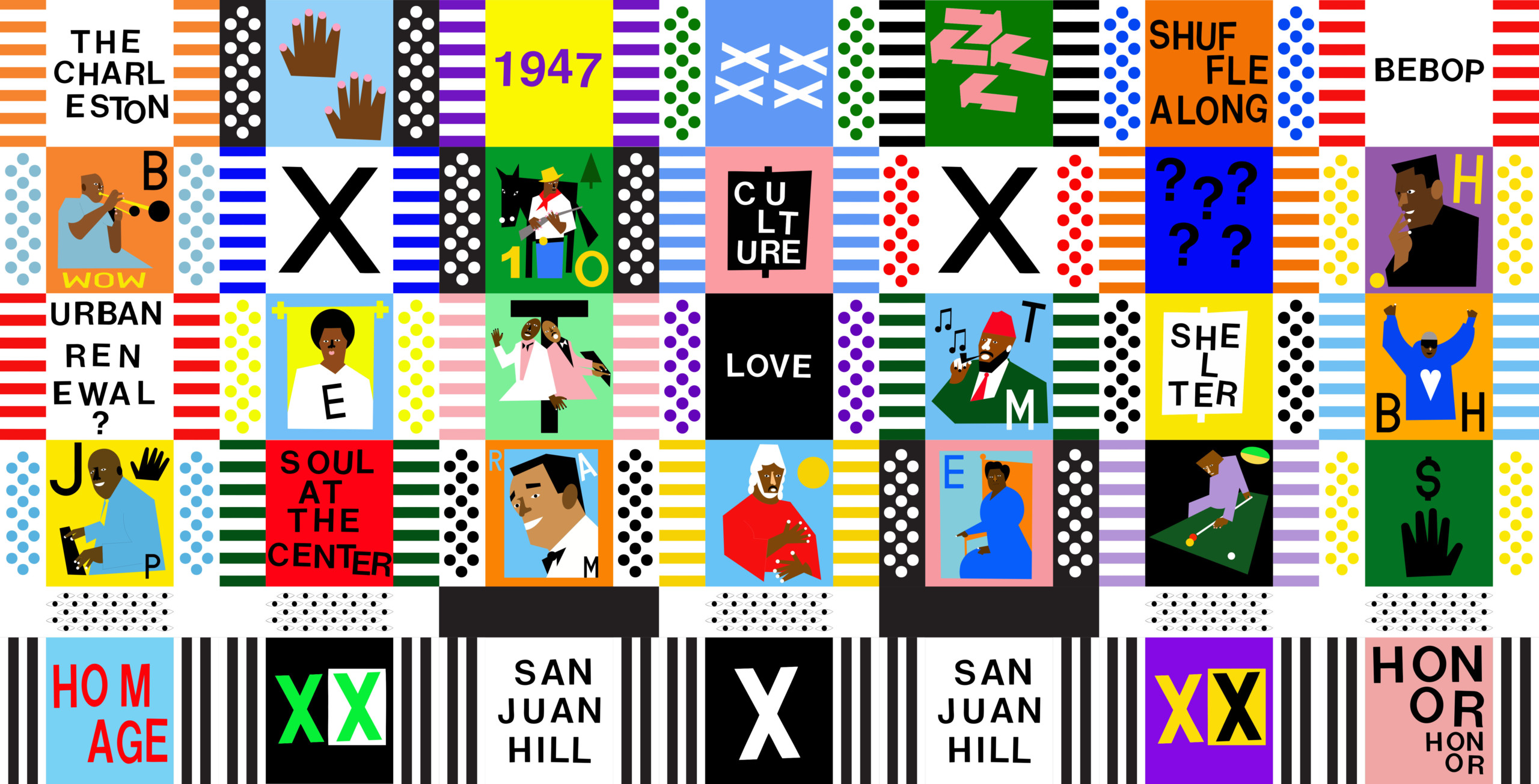 A colorful graphic artwork made up of a grid of significant San Juan Hill figures and historical...