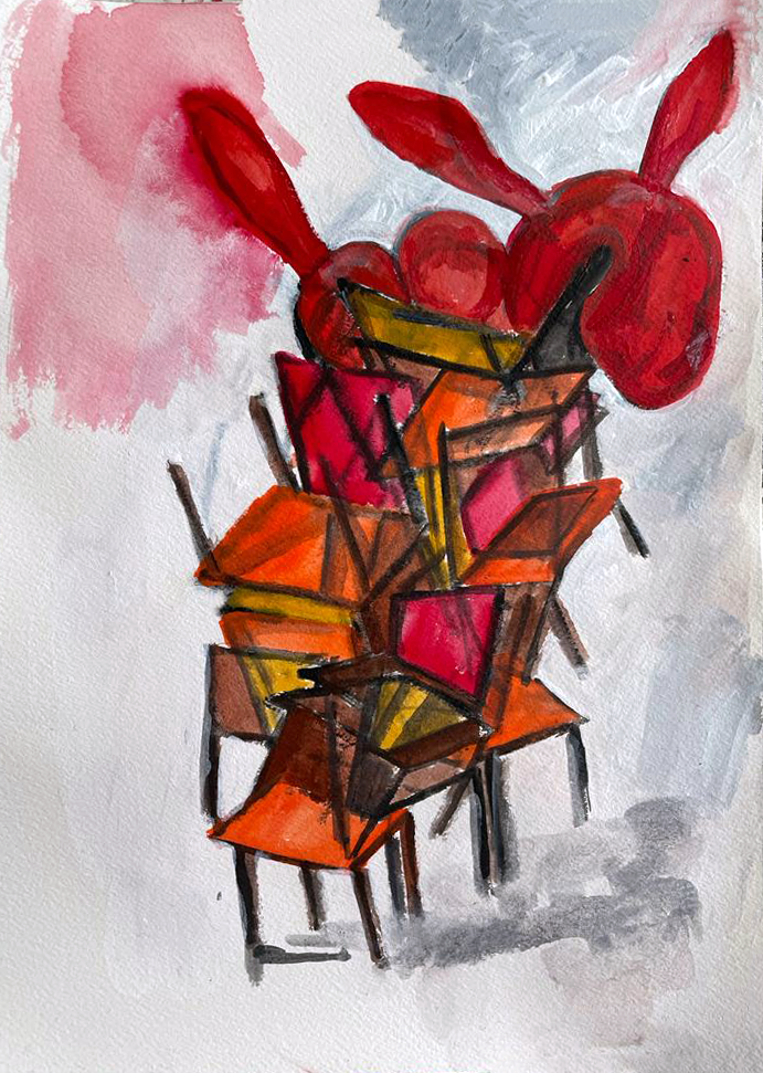 A painting of a red, orange, and pink structure of stacked chairs surmounted by a red abstract rabbit-resembling form