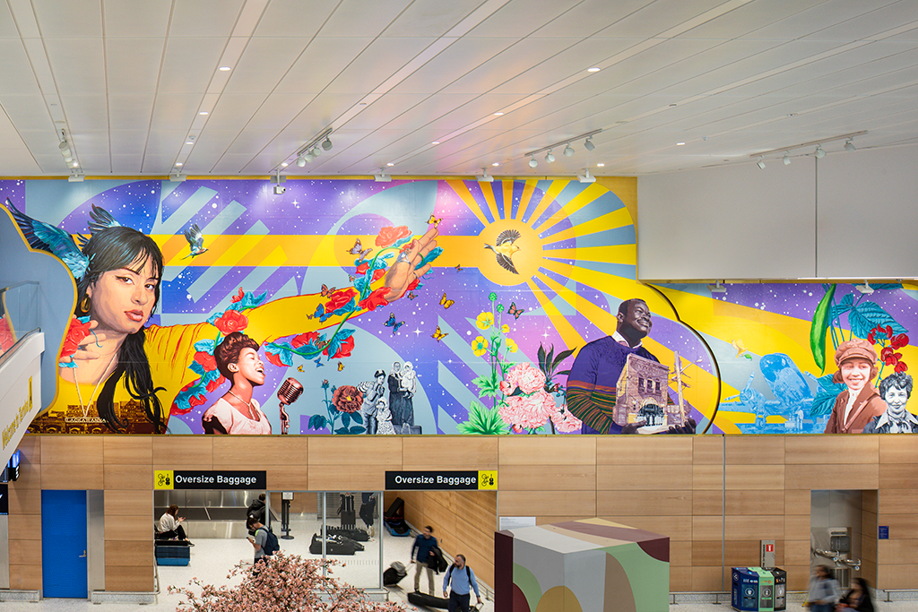 A brightly colored horizontal mural in an airport terminal featuring Newark Airport employees and notable historical icons in the New Jersey region, with a blue...