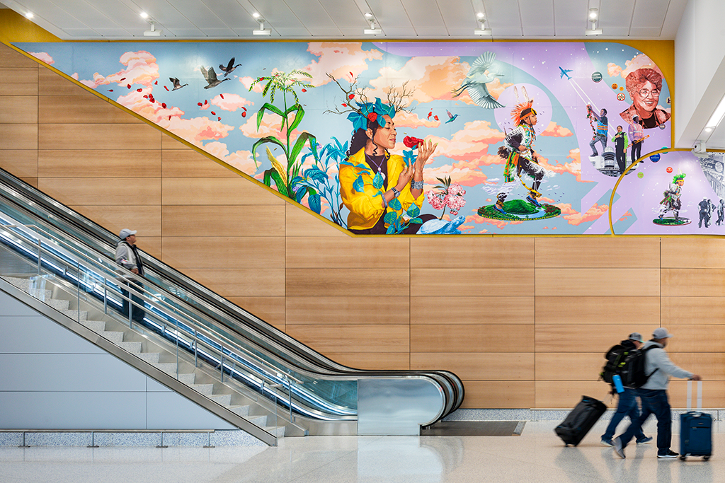 A brightly colored horizontal mural in an airport terminal featuring Newark Airport employees and notable historical icons in the New Jersey region, with a blue...