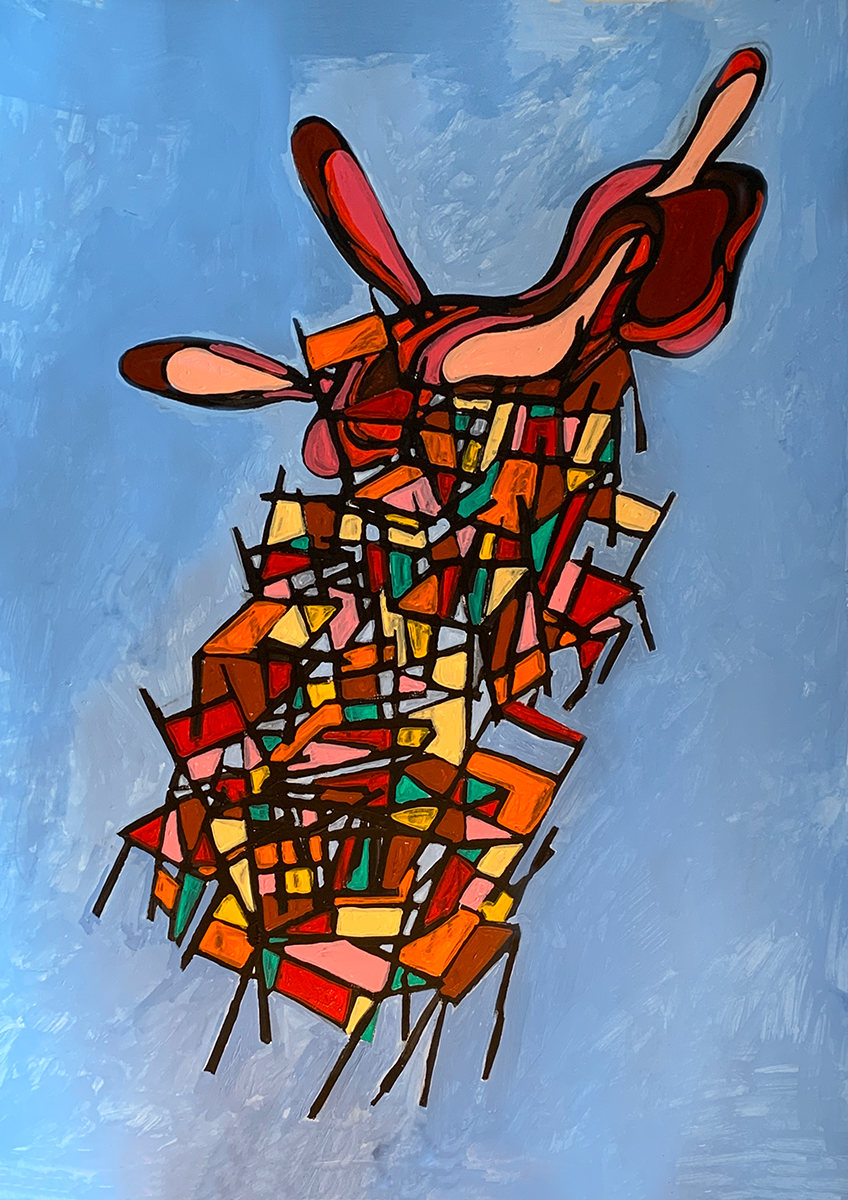 A painting of a red, orange, turquoise, and coral structure of stacked infrastructure surmounted by a rabbit-resembling form, set against a periwinkle background.
