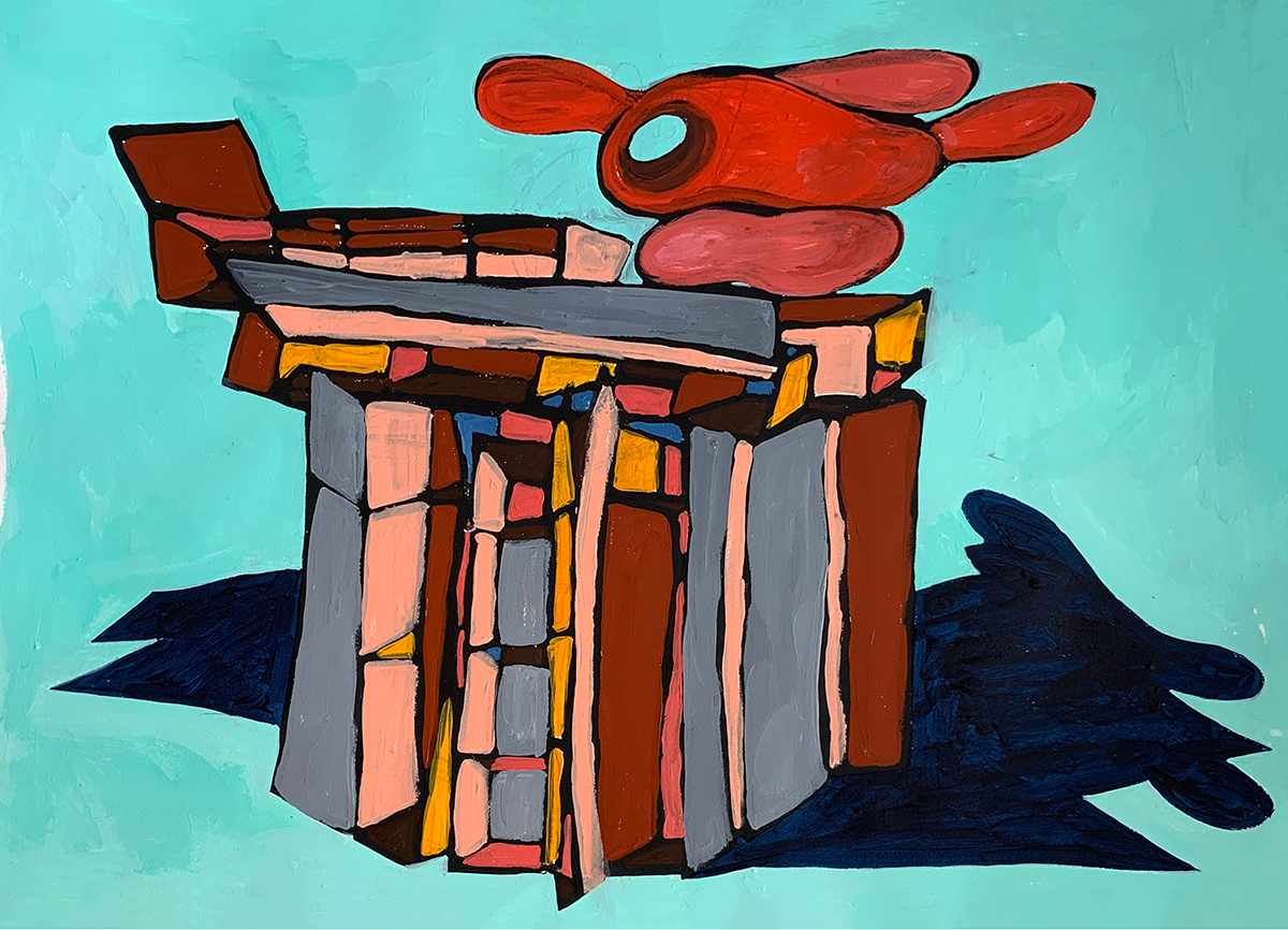 A painting of a red, orange, and coral structure of stacked infrastructure surmounted by a rabbit-resembling form, set against a bright turqoise background.