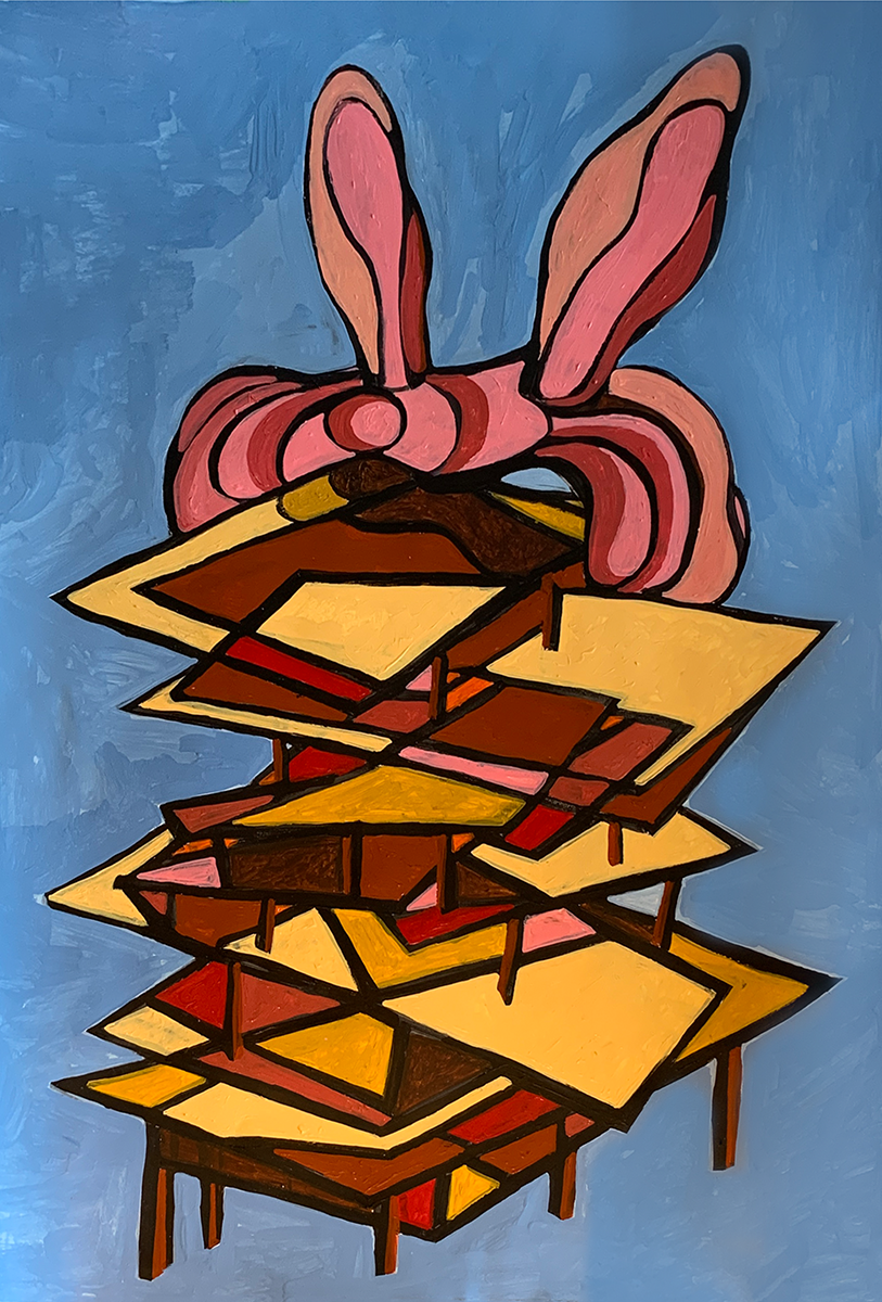 A painting of a red, orange, and coral structure of stacked infrastructure surmounted by a rabbit-resembling form, set against a periwinkle background.