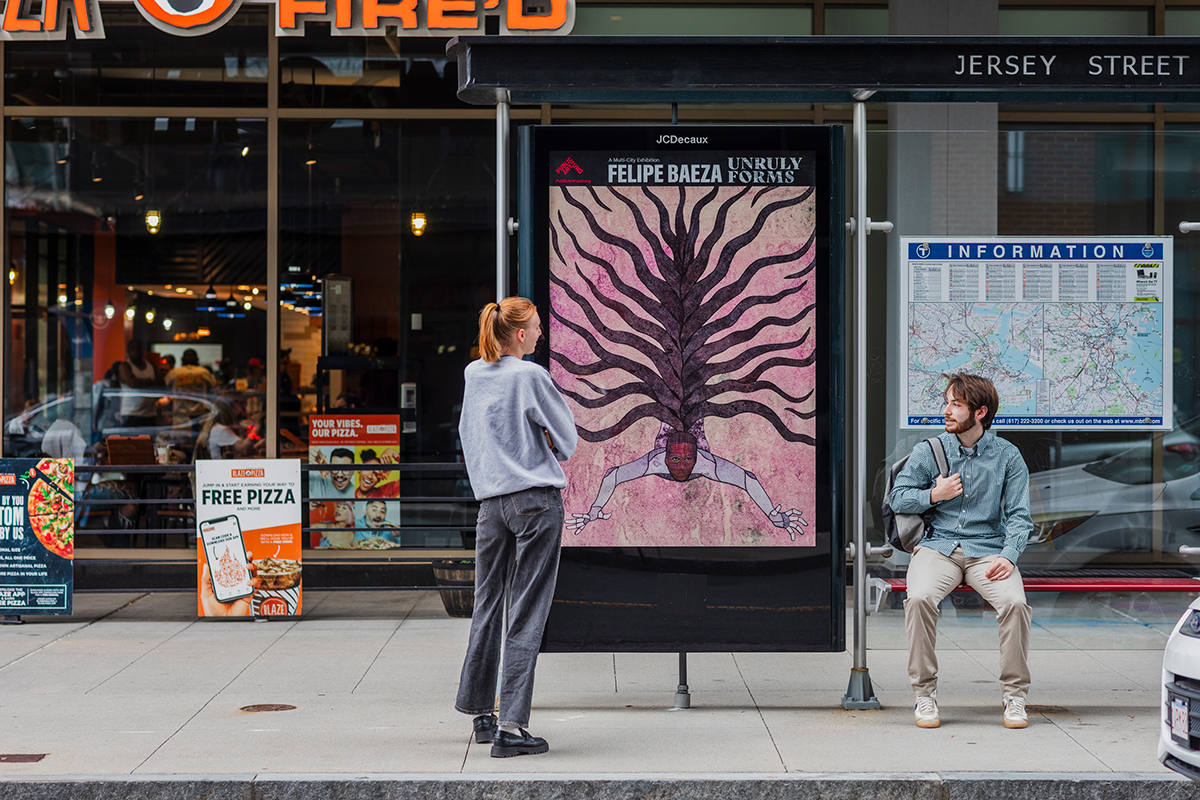 Pictured on a bus shelter on a busy city street is a layered hybrid figure that merges human, artifact, animal, and vegetation.