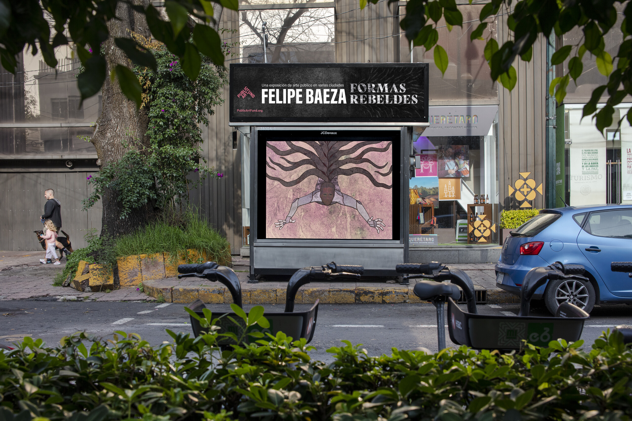 Pictured on a bus shelter on a busy city street is a layered hybrid figure that merges human, artifact, animal, and vegetation.