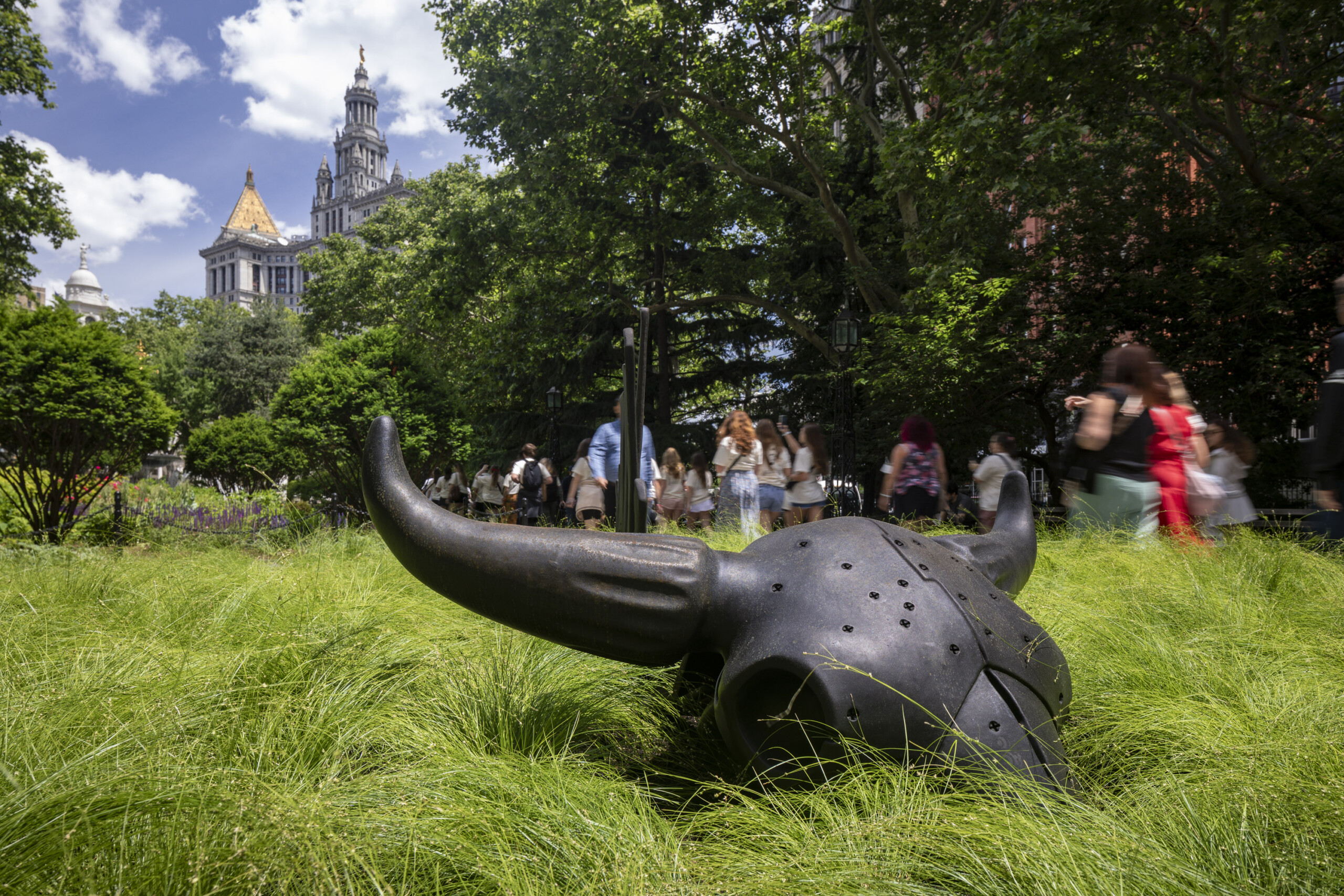 A 10-foot-long black steel sculpture of a bison skeleton sits within a shallow circular bed of green grass in a public park in New York City.